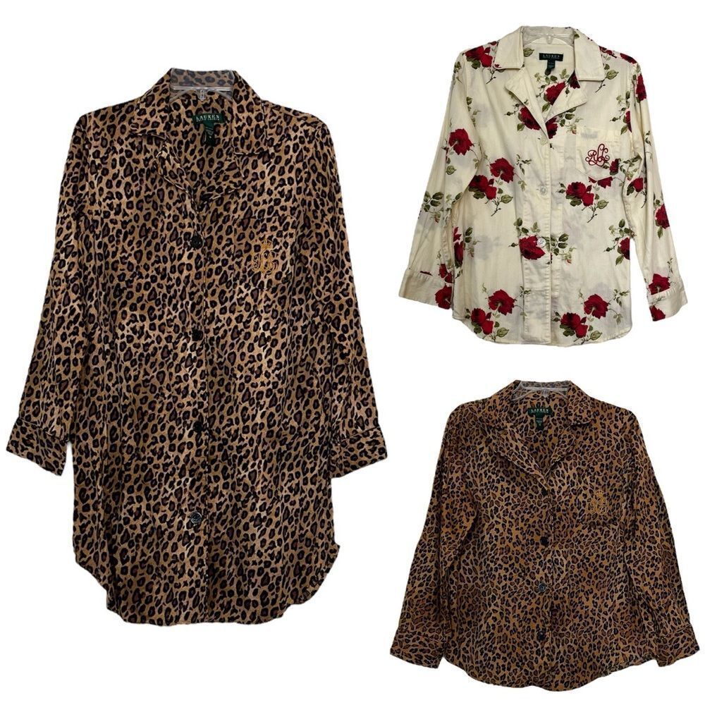 Lot 3 Ralph Lauren Night Gown Pajama Top Leopard Animal Rose Floral Print Medium